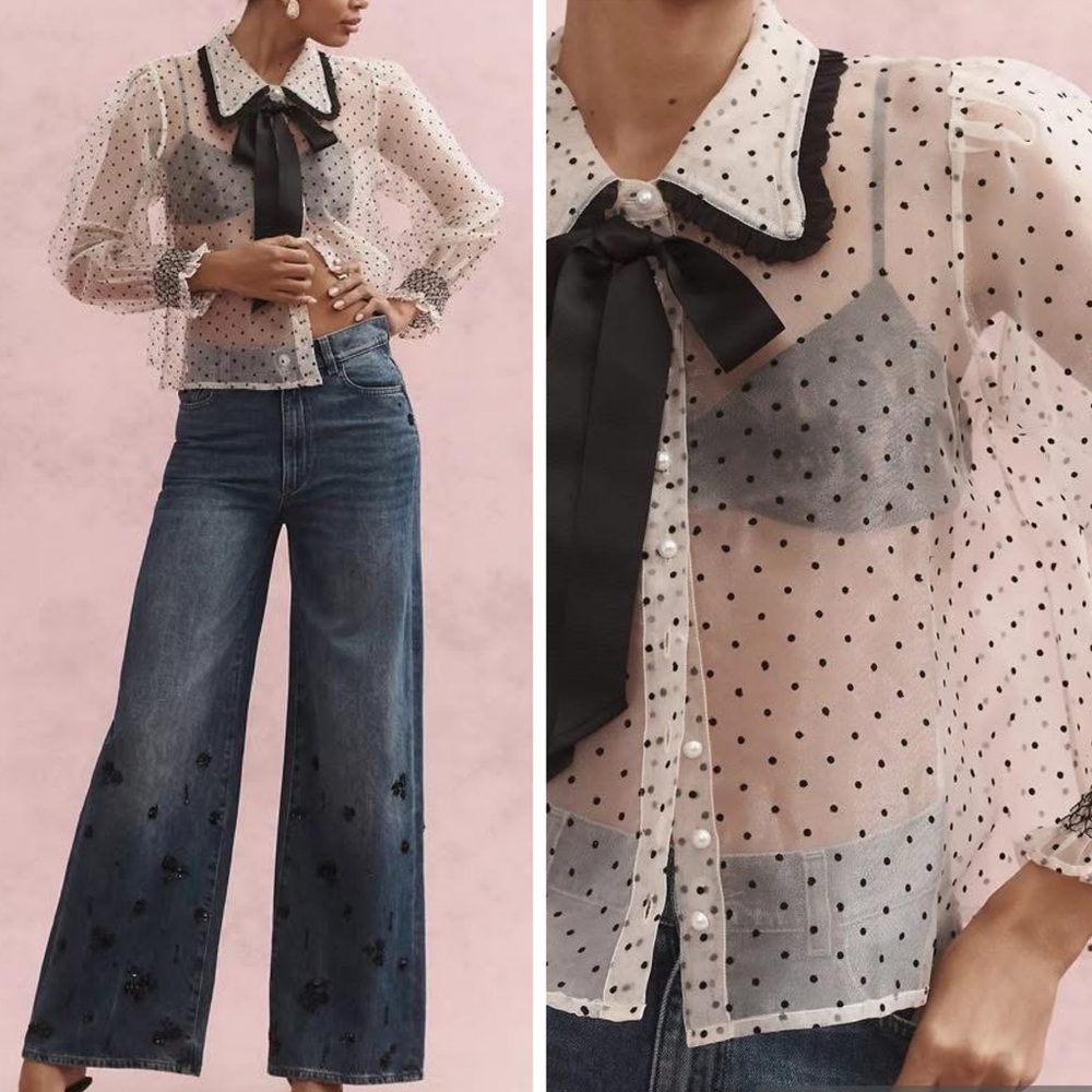 Mille Greta Sheer Tie-Neck Top Organza Dot XS New Black White Blouse Bow Pearl